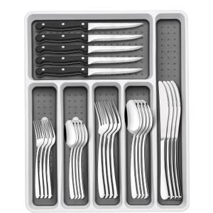 49-Piece Silverware Set with Organizer, Heavy Duty Stainless Steel Flatware for 8, Cutlery Utensil Sets with Steak Knives, Rust-proof, Mirror Polished, Dishwasher Safe