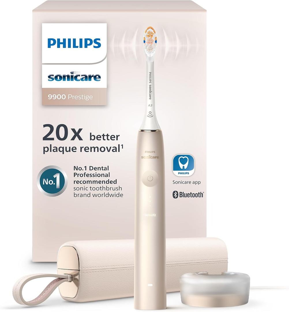 Philips Sonicare DiamondClean 9900 Prestige Electric Toothbrush - with SenseIQ Technology and Advanced AI App, 5 Brushing Modes, 3 Intensity Levels, Charging Travel Case, Champagne, HX9990/11