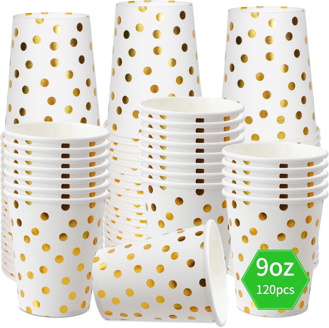 120 Pack White And Gold Paper Cups-9 oz Disposable Paper Cups For Hot/Cold Coffee, Tea, Beverage Cups - Holiday Party Diy Office Drinking Cup Supplies