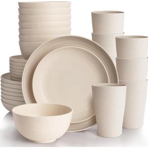 Cream Plastic Plates and Bowls Sets Dishwasher and Microwave Safe Wheat Straw Dinnerware Sets for 8,Reusable Plastic Dishes Set Lightweight Unbreakable for Kitchen Camping Outdoor RV 32 Pcs (Beige)