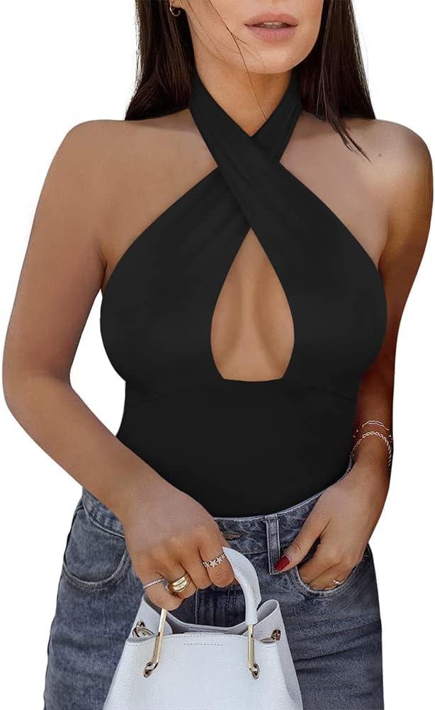 REORIA Butsmooth Women's Trendy Sexy Criss Cross Halter Neck Sleeveless Thong Bodysuits Tops Clubwear (Medium, Black)