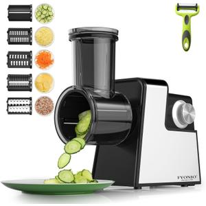 Electric Cheese Grater for Block Cheese, Upgraded 350W Salad Maker & Cheese Grater, 5 Different Shapes Steel Blades, Electric Slicer One-Button Control Shredder for Potato, Carrot, Nuts, More