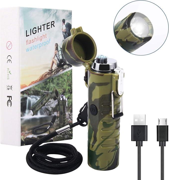 Flashlight with Plasma Lighter, Igniter and Flashlight 2 in 1, USB Rechargeable Outdoor Camping Waterproof and Windproof Lighter, Kitchen Flameless Arc Lighter, For BBQ, Candles, Cigarettes