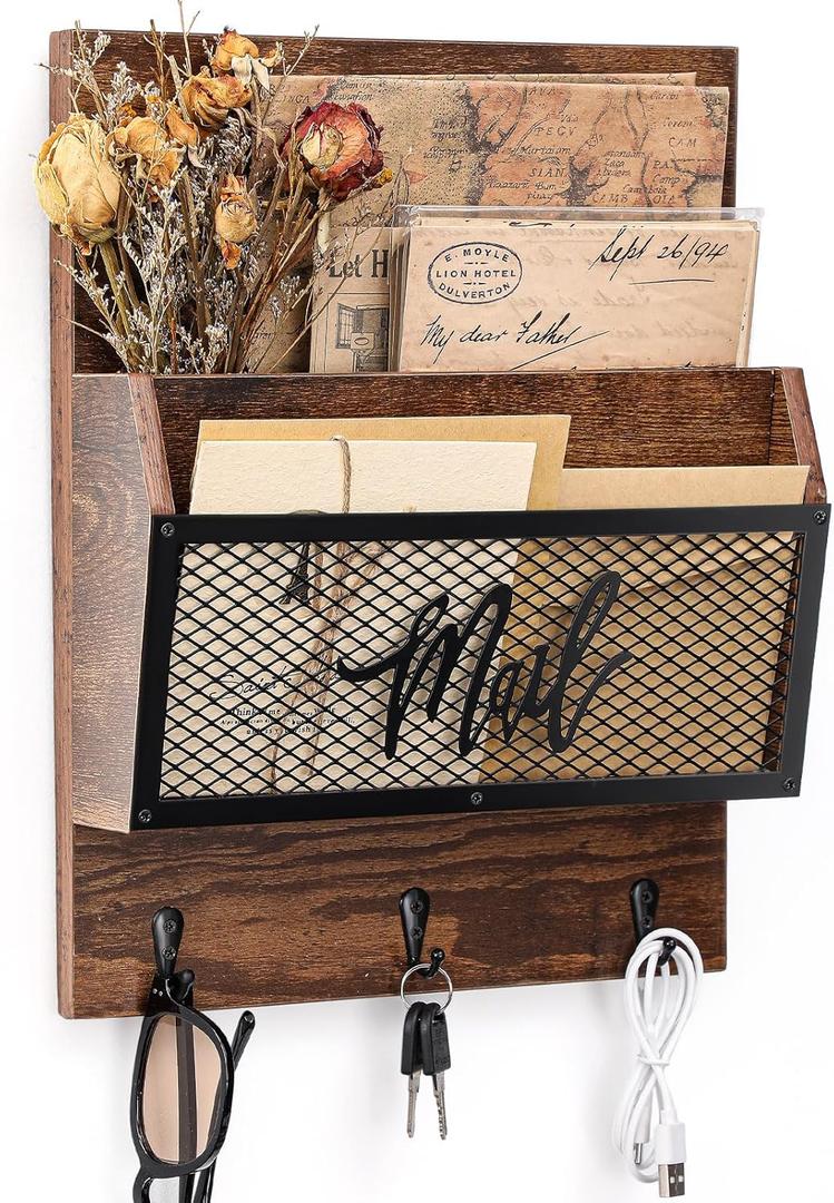 Farmhouse Mail Organizer Wall Mounted Rustic Mail Holder Hanging Key Sorter with 3 Hooks Indoor Wooden Wall Mounted, Letter, Magazines, Newspapers, Keys(Brown)