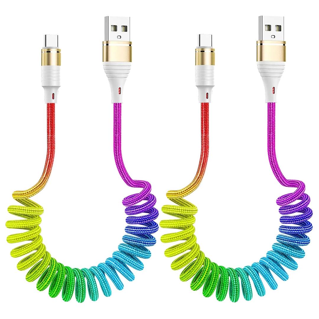 Rainbow Coiled Fast Charging Cable,USB C Spring Retractable Charger Cable for Car,3FT Nylon Braided Coiled Type C Data Charging Cable for Phone 15/15Pro/15Plus/15Pro Max