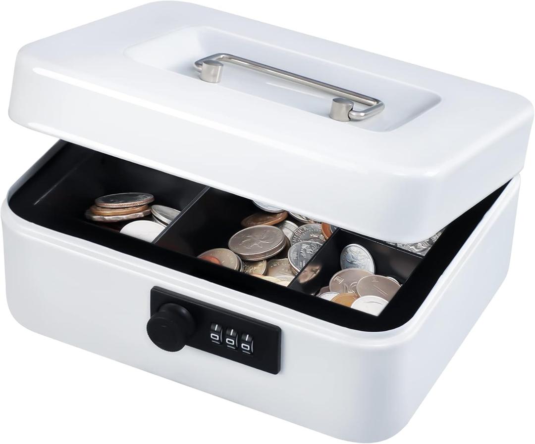 KYODOLED Cash Box with Combination Lock,Safe Metal Box for Money,Storage Lock Box with Money Tray,7.87"x 6.30"x 3.54" White Medium