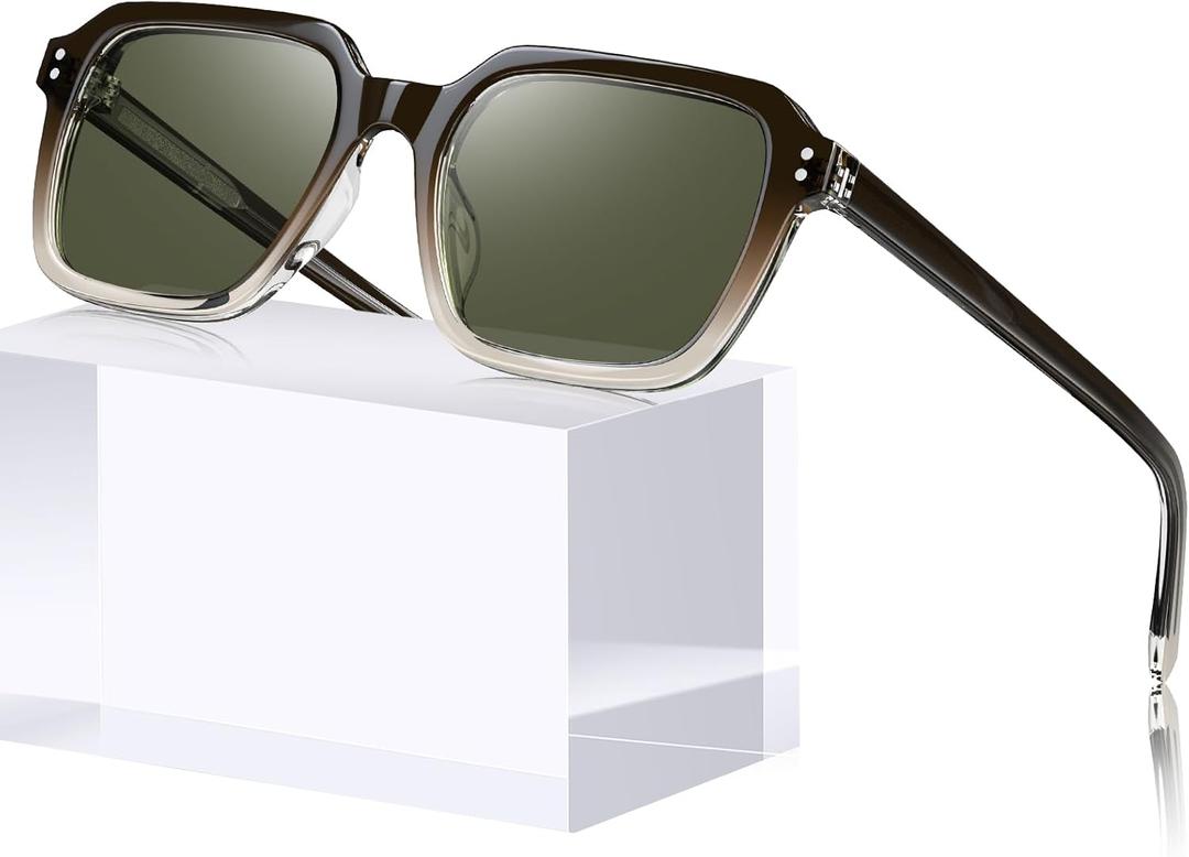 STGATN Retro Square Polarized Sunglasses for Men, UV400 Protection Sun Glasses, Trend Acetate Frame Shades (4. Two-tones Frame Green Lenses)