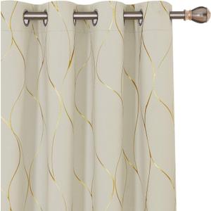 Deconovo Gold Wave Print Blackout Curtains for Bedroom, Thermal Insulated Curtains for Living Room, Room Darkening Drapes (Light Beige/Wave, 52x84 Inch, 2 Panels)