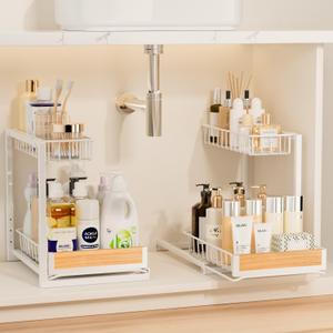 Delamu 2 Pack Under Sink Organizer and Storage, Height Adjustable Under Kitchen Sink Organizer, 2 Tier Pull Out Under Cabinet Organizer, White Under Counter Storage for Kitchen Bathroom