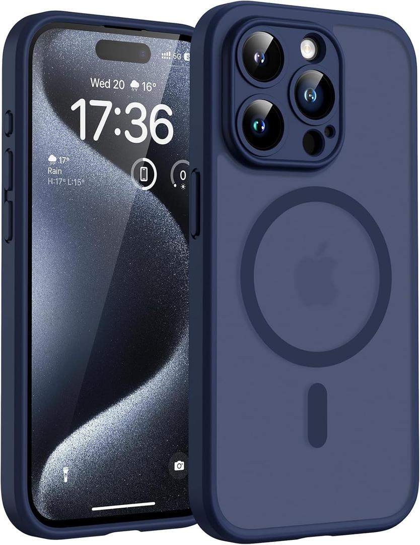 TOCOL Magnetic for iPhone 15 Pro Max Case, Upgraded Full Camera Protection, Compatible with Magsafe, Drop Protection, Translucent Matte Back Bumper Phone Cover 6.7-InchDark Blue