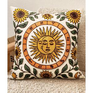 Embroidered Throw Pillow Covers 18x18 Inch - Summer Boho Decorative Pillow Cover with Zipper for Living Room Couch Sofa Bed Aesthetic Design Sunflower Moon Linen Cushion Pillowcase
