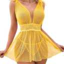 Lilosy Sexy Polka Dots Mesh Sheer Lace Babydoll Chemise Lingerie Set Floral Sleep Wear, Medium
