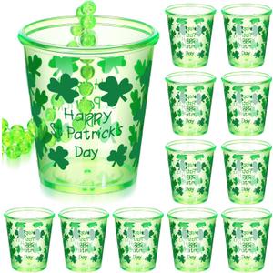 12 Pcs St. Patrick's Day Shot Glass Necklace Green Shamrock Shot Glass on Beaded Necklace Plastic Disposable Shot Necklace Cups for Saint Patrick's Day Party Decorations Festival Supplies