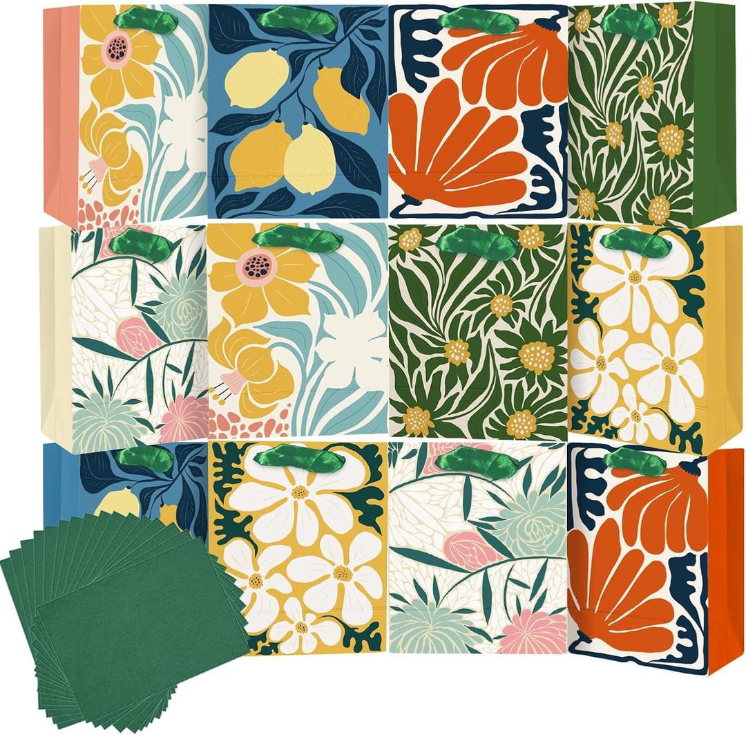 qiqee Clash Flowers Paper Gift Bags with Tissue Paper Handles 12PCS 2.4"x4.7"x6.3" Small Size12pcs Bags + Tissue Paper