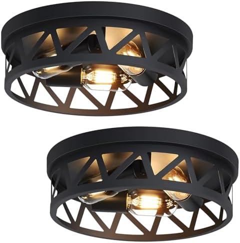 DPXEKQ 13 inch Black Flush Mount Ceiling Lights, 3-Light Fixtures for Hallway, Kitchen, Farmhouse - 2 Pack