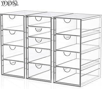 Acrylic Desk Organizers And Accessories, Office Desktop Drawers, Plastic Makeup Organizer Containers Bins With Drawers Desk Organization, Bathroom Organizers Storage Case Box Cube, 4 Pack 