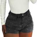 Rhinestone Jean Shorts Sparkly High Waisted Denim Short Stretchy Summer Y2K (Black, L)