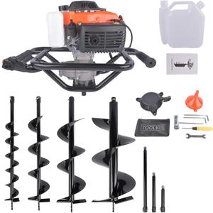 Gas Powered Post Hole Digger Earth Auger - 72cc 4-Stroke Engine with 4"/6"/8"/12" Drill Bits & 8"/12"/20" Extension Rods for Farmland, Garden, Planting