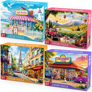 4 Pack 500 Piece Puzzles for Adults Scenic Jigsaw Puzzle Set with Beach Store, Vineyard Picnic, Paris Street View & Retro Convenience Shop  Colorful Landscape Puzzles for Adults, Teens (Shops Architectures & Scenery)