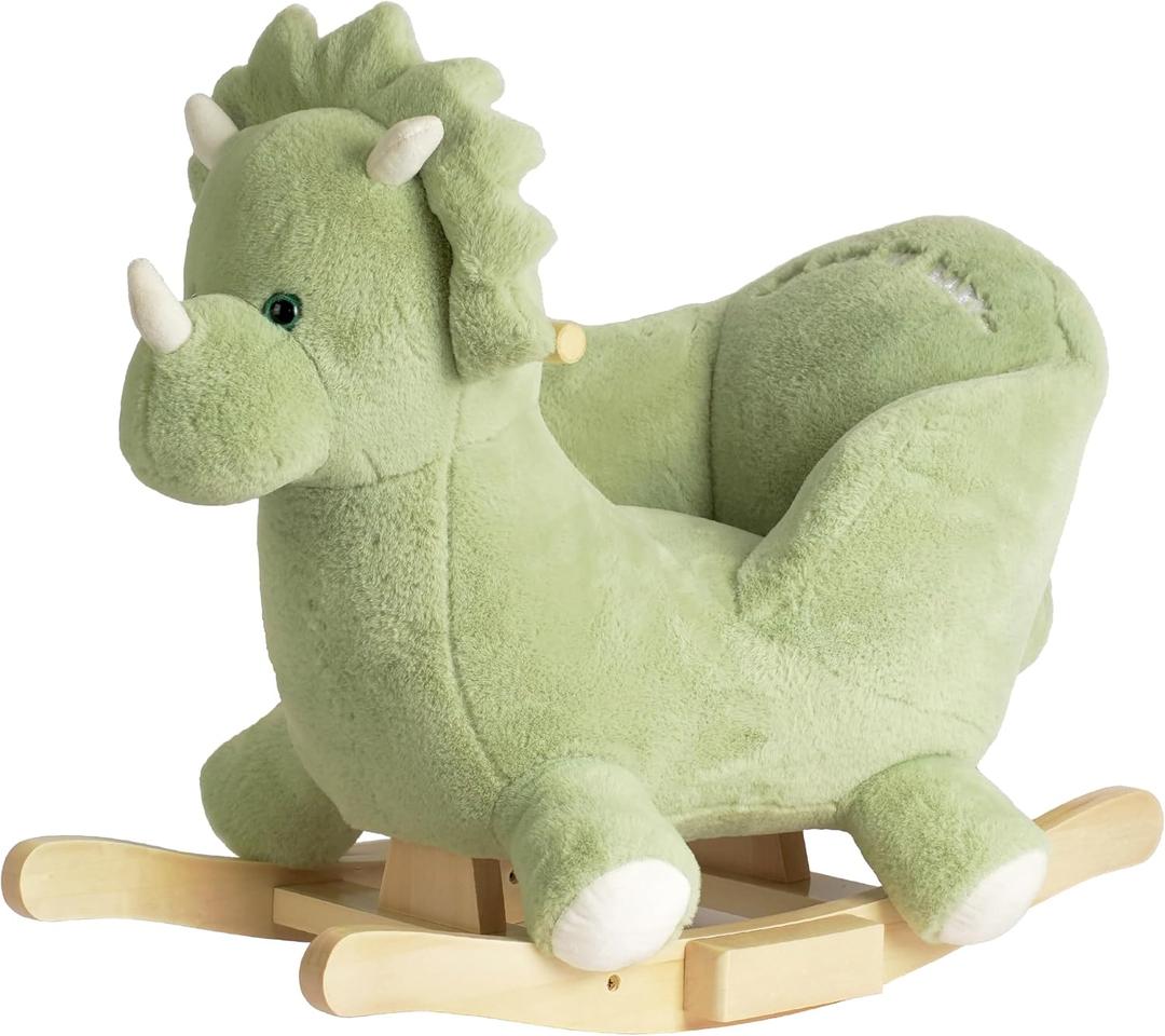 Rock My Baby Rocking Horse Green Dinosaur with Chair, Plush Stuffed Animal Rocker for Toddlers 1-3, Baby Rocker with Sweet Music, Wooden Rocking Horse Baby Animal Rocker,CPC Certified