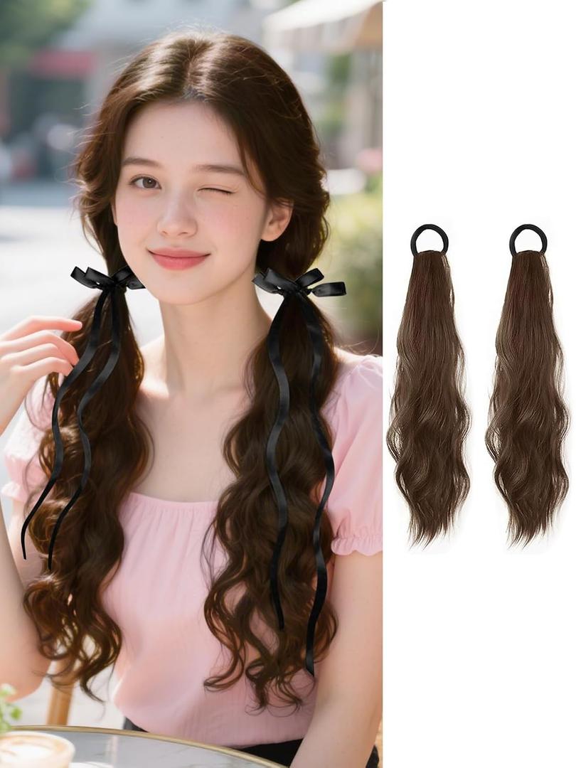 2PCS Curly Ponytail Extension with Ribbon Bow 17 Inch Resistant Synthetic Natural Wavy Hairpiece Long Curly Wavy Hair Piece Brown Pony Tail Hair Extensions for Women