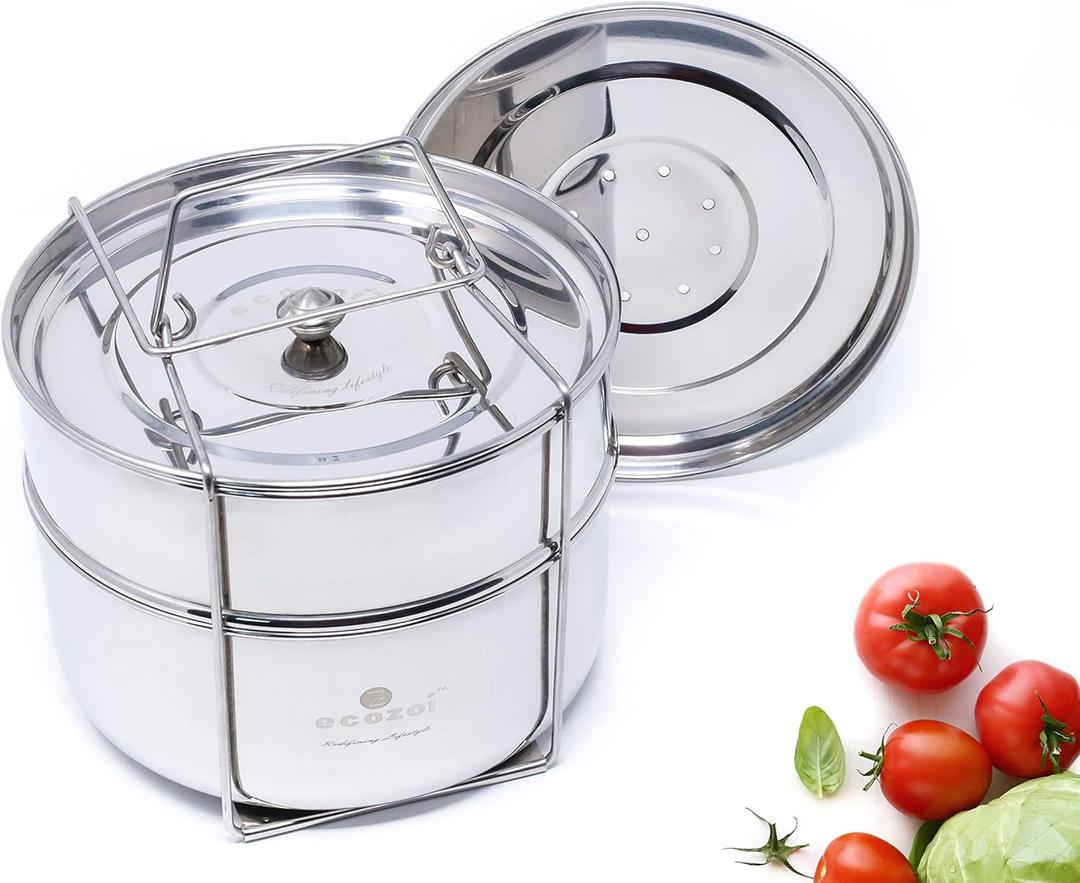 Ecozoi Stackable Steamer Insert Pans for Instant Pot 6 & 8 Quart, 2 Tier Stainless Steel Pot in Pot Set with Steamer Lid, Sealing Lid & 5 Mini Cups, Pressure Cooker Accessories for Bake Steam Reheat