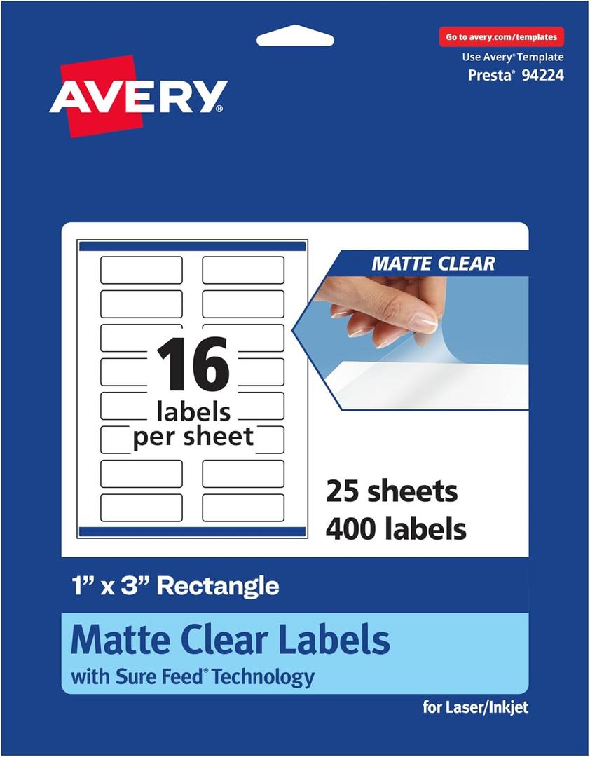 Avery Matte Clear Rectangle Labels, Sure Feed Technology, 1" x 3", 400 Matte Clear Labels, Print-To-The-Edge, Laser/Inkjet Printable