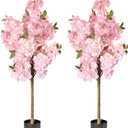 Set of 2 Artificial Cherry Blossom Trees 4FT, Faux Pink Sakura Blossom Flower Tree with Secure Heat-Fused Petals & Base, Realistic Potted Fake Plants for Home Office Wedding Indoor Decor