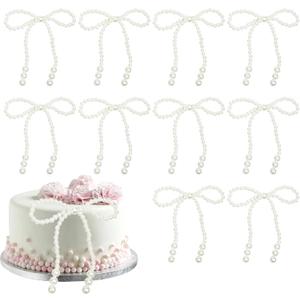 12Pcs Pearl Bow Cake Toppers, Bow Dots Cake Decorations, White Pearl Bows Cupcake Toppers for Weddings, Birthday, Valentines Day and Baby Shower Party Supplies