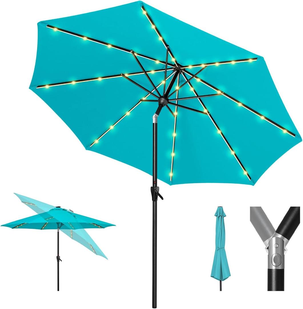 Tempera 9ft Patio LED Umbrella with light | Solar Outdoor Umbrella | Market Table Parasol with Push Button Tilt and Crank, with Sturdy Pole&Fade resistant canopy,Easy to set