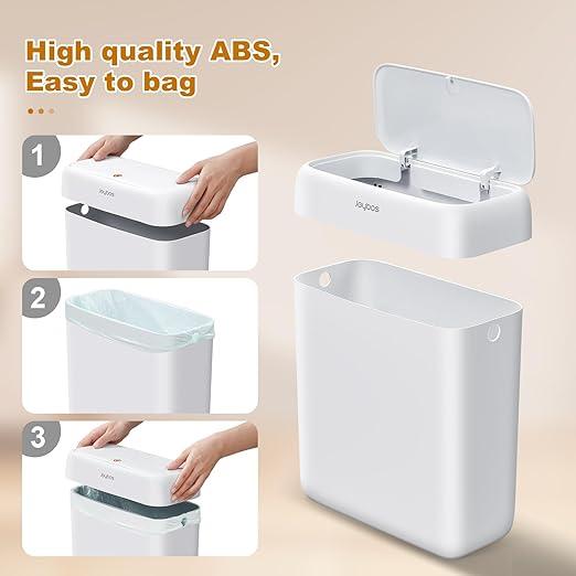 JOYBOS 2 Pack Bathroom Trash Can with Lid, 3 Gal/12 L & 2.7 Gal/10L Garbage Can with Pop-Up Lid,Small Spaces Plastic Trash Can, Slim Trash Bin Waste Basket for Bathroom,Rv, Office, White