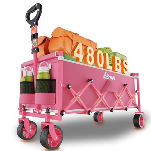 InBrave Extra Long Collapsible Wagon Cart, 480LBS Heavy Duty Utility Wagons with All-Terrain Wheels, Foldable Grocery Carts for Gardening, Shopping, Beach, Camping, Pink