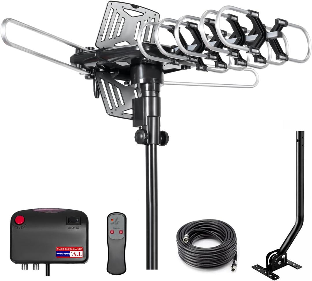 2026 TV Antenna Outdoor Antenna for Smart and Older TVs (2 Outputs),200Miles Long Range with UHF/VHF, 360 Motorized Rotation,Mounting Pole, and 25FT RG6 Cable  Supports 4K, 1080P