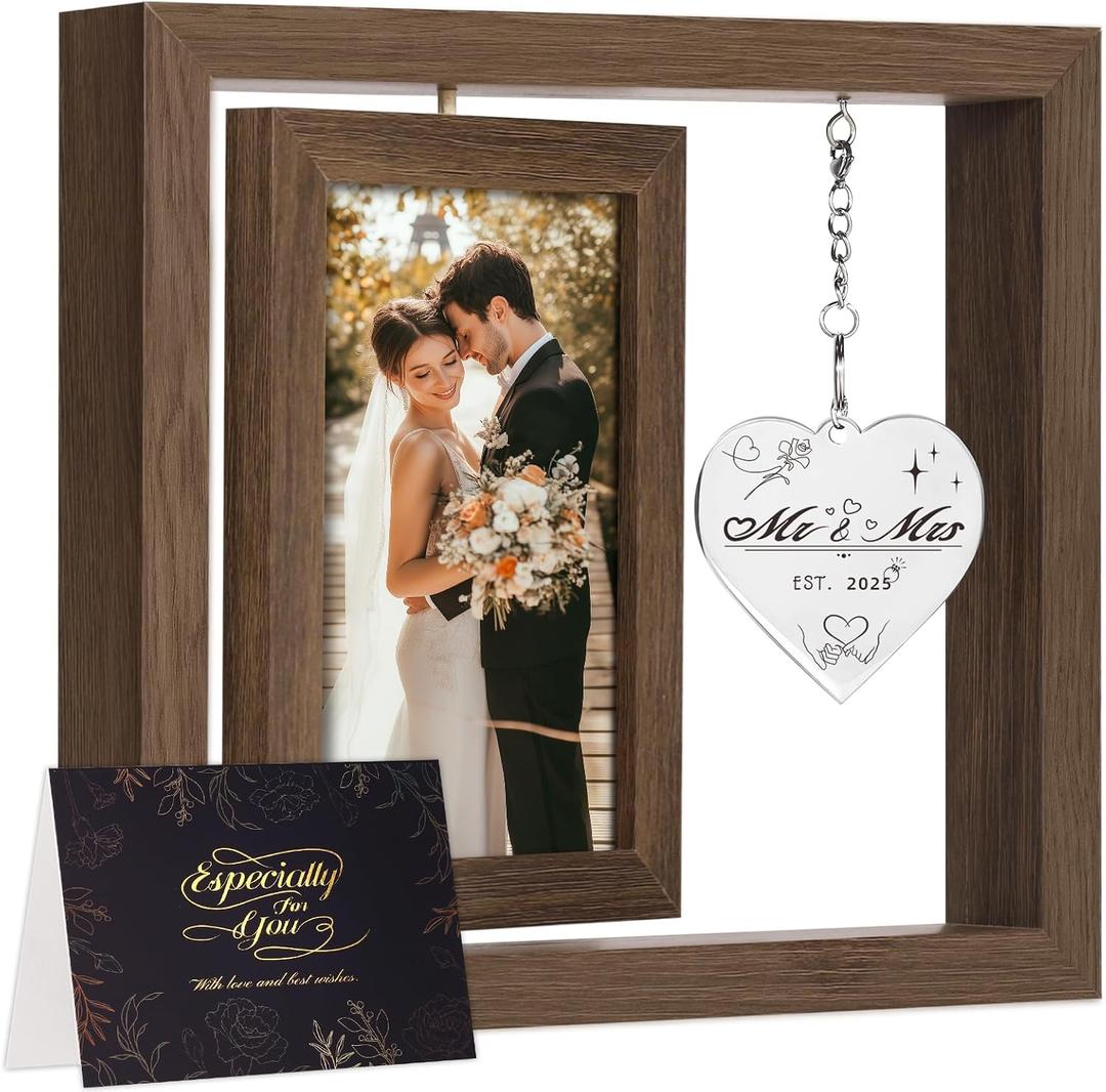 Wedding Gifts for Couples 2025, Engagement Gifts for Couples, Personalized Mr and Mrs Wedding Gift for Newlyweds, Bridal Shower Gift for Bride to Be, Rotating Floating Wedding Picture Frame 4x6 (brown)