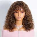 Short Curly Wig with Bangs Human Hair for Women Highlight Brown 14 inch Short Water Wave Bob Wig 150% Density Glueless Wig (Color: P4/30/27) (Highlight Brown, #P4/30/27)