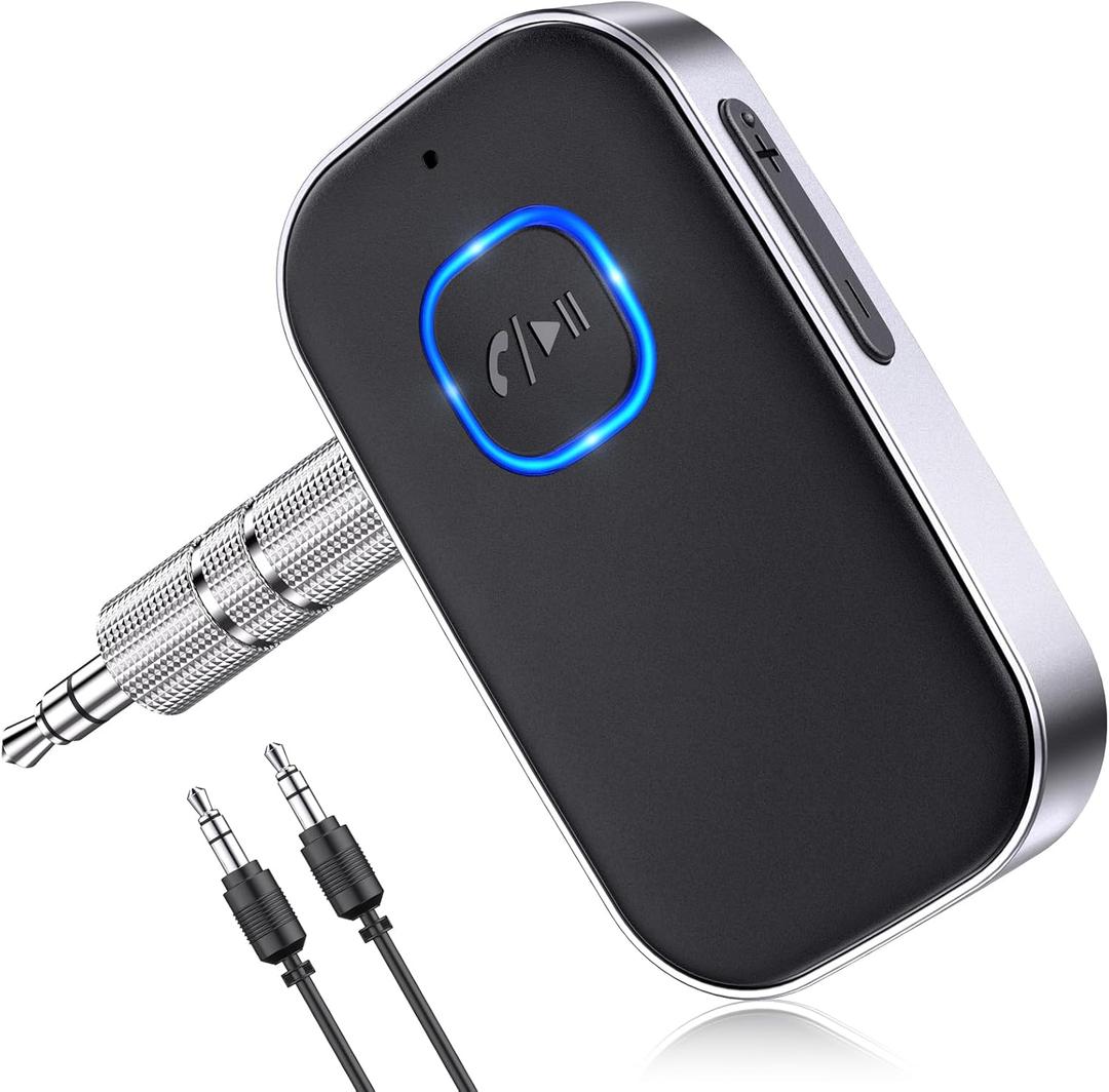 COMSOON Bluetooth Receiver for Car, Noise Cancelling 3.5mm AUX Bluetooth Car Adapter, Wireless Audio Receiver for Home Stereo/Wired Headphones, Hands-Free Call, 16H Battery Life - Black+Silver