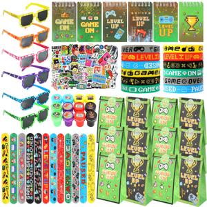 LiYiQ 122 Pcs Video Game Party Favors With Video Game Sunglasses Slap Bracelets Notebook Stamps Stickers and Gift Bag for Video Game Gamer Birthday Party Supplies
