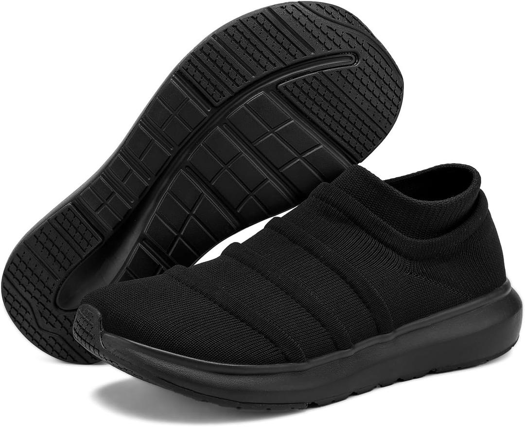 Men's Fashion Sneakers Wide Width - Striped Knit Upper, Lightweight Walking Shoes, Wide Toe Box Casual Athletic Shoes (Black)