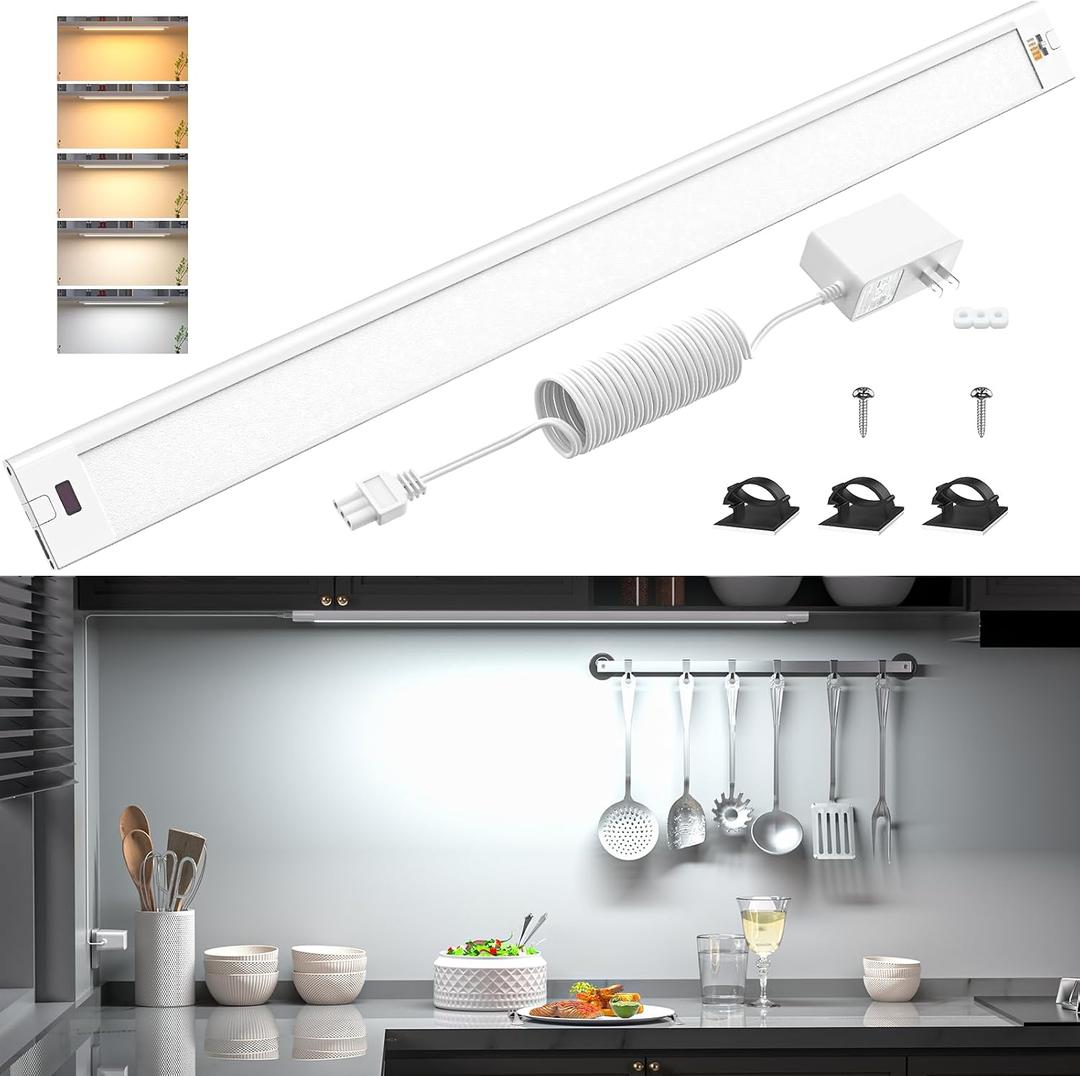 WOBANE Under Cabinet Lighting, 24 inch Plug in LED Counter Light Bar, Hand Wave Activated, Touchless Dimmable for Kitchen Cabinet, Shelf, Under Desk, Color Tunable 2700K to 6500K,White Panel,1400LM