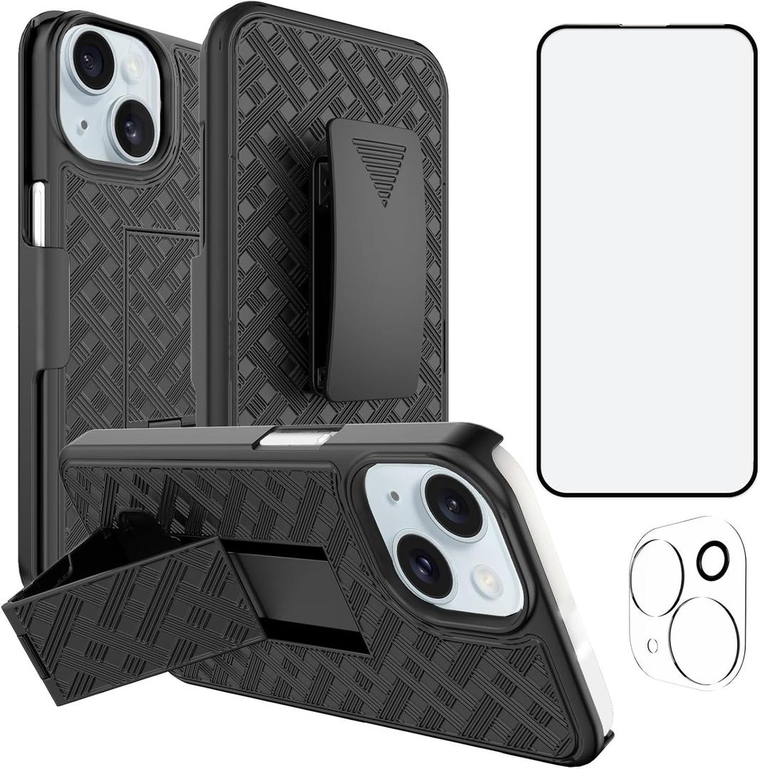 Ailiber Designed for iPhone 15 Case with Stand, iPhone 15 Belt Clip Holster with Camera Lens & Screen Protector, Swivel 2-in-1 Holder, Slim Shockproof Pouch Full Body Protective Cell Phone Cover-Black