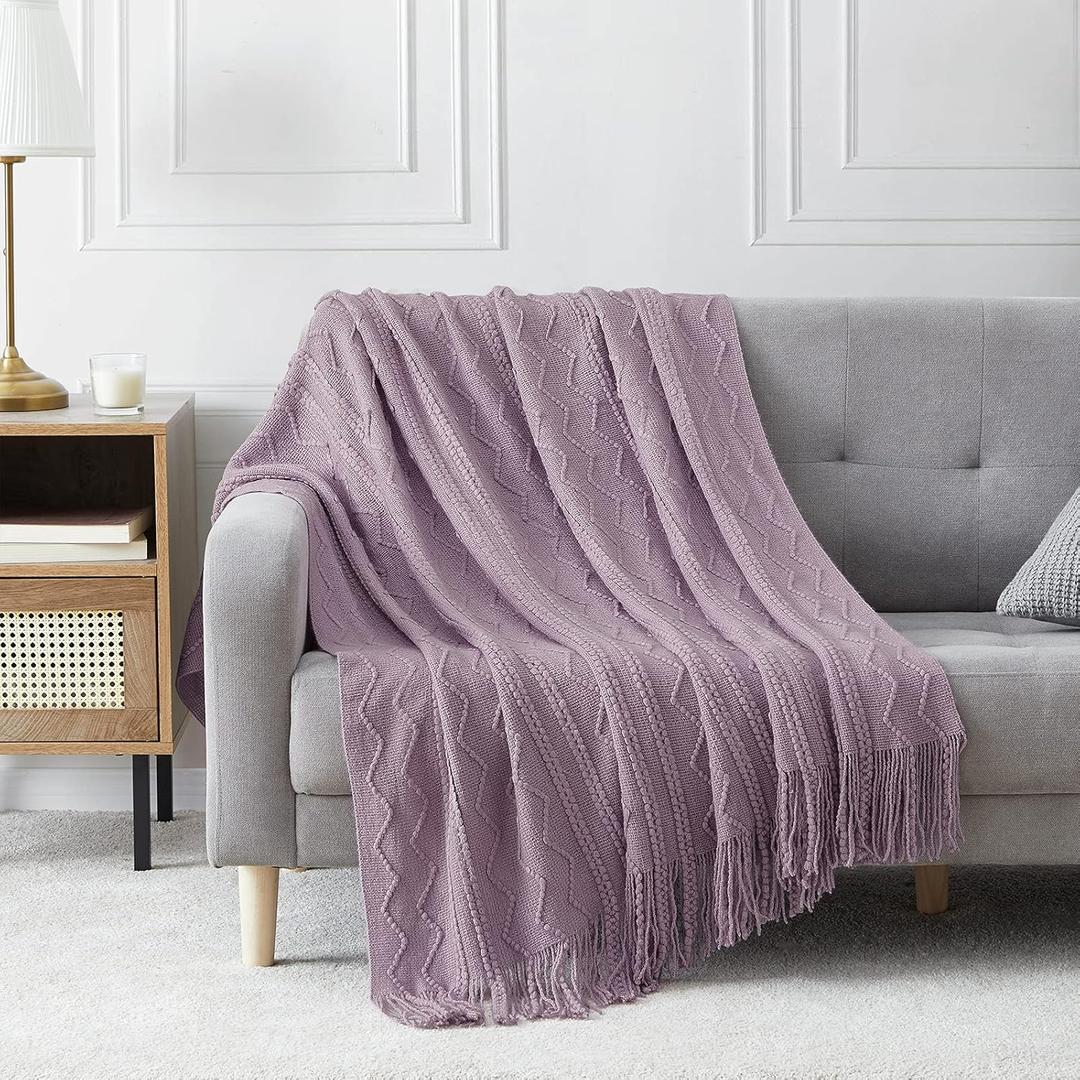 BOURINA Light Lavender Throw Blanket 50x60 Inches Throw Textured Solid Soft Sofa Couch Decorative Knit Blanket