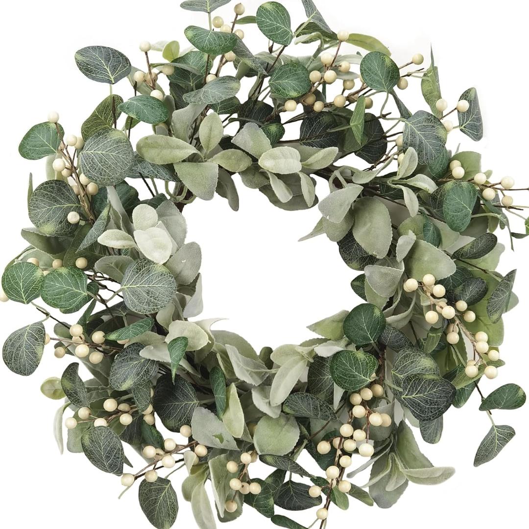 Lambs Ear Wreaths for Front Door, 18 Inch Green Artificial Berries Wreath for Spring Summer, Farmhouse Wreath for Porch, Indoor Outdoor Decor