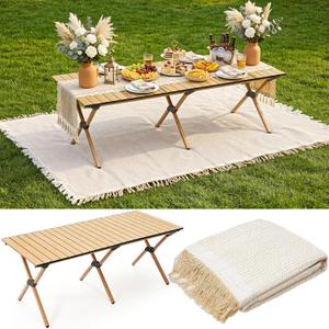 Wesiti 2 Pcs Low Picnic Table Foldable Lightweight Picnic Table Set 59" x 21" with Extra Large Outdoor Camping Blanket Sandproof Boho Beach Woven Cotton Yarn Blanket for Camping Beach Patio