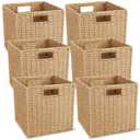 Newtay 6 Pcs Wicker Storage Baskets 11 x 11 in Cube Storage Bin Organizer Camel Square Foldable Wicker Baskets for Shelves Organizing Decor Laundry Pantry Toys