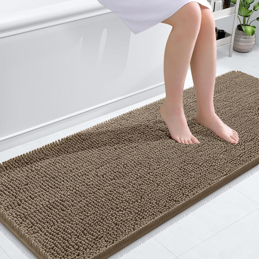 OLANLY Bathroom Rugs 59x24, Extra Soft Absorbent Chenille Bath Rugs, Rubber Backing Quick Dry, Machine Washable Bath Mats for Bathroom Floor, Tub and Shower, Home Decor Accessories, Tan
