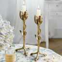 NIKKY HOME Gold Tulip Taper Candle Holders Set of 2, Vintage Elegant Flower Shaped Metal Candlestick for Table Centerpieces, Spring Wedding Decor and Dinner Party