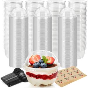 Pumtus 100 Pack 8 OZ Plastic Dessert Cups with Dome Lids, No Hole Clear Yogurt Parfait Cups, Disposable Party Serving Cups with Sporks and Stickers for Ice Cream, Fruit, Pudding, Jelly, Cup Cake