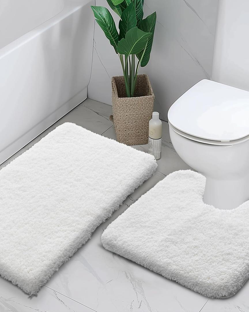White Bathroom Rug Set 2 Piece Fluffy Non Slip Bath Mat Set Washable Plush Luxury Toilet Rug and Bath Rug Set for Bathroom Floor, 22x24 + 24x36 inches (22''x24'' Toilet Rug +24''x36'' Bath Rug)