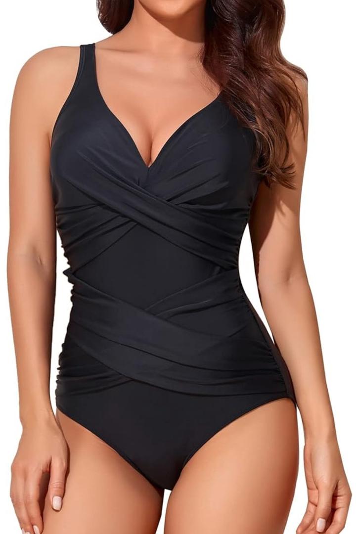 Smismivo Tummy Control Swimsuits for Women Slimming One Piece Bathing Suit Retro Ruched Push Up Vintage Padded Swimwear Size Large, 