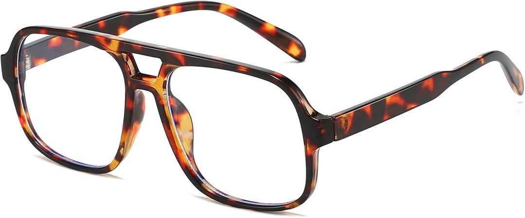 Mirkcittle Retro Square Aviator Blue Light Blocking Glasses for Women Men Oversized Pilot Eyeglasses Fake Nerd Frame